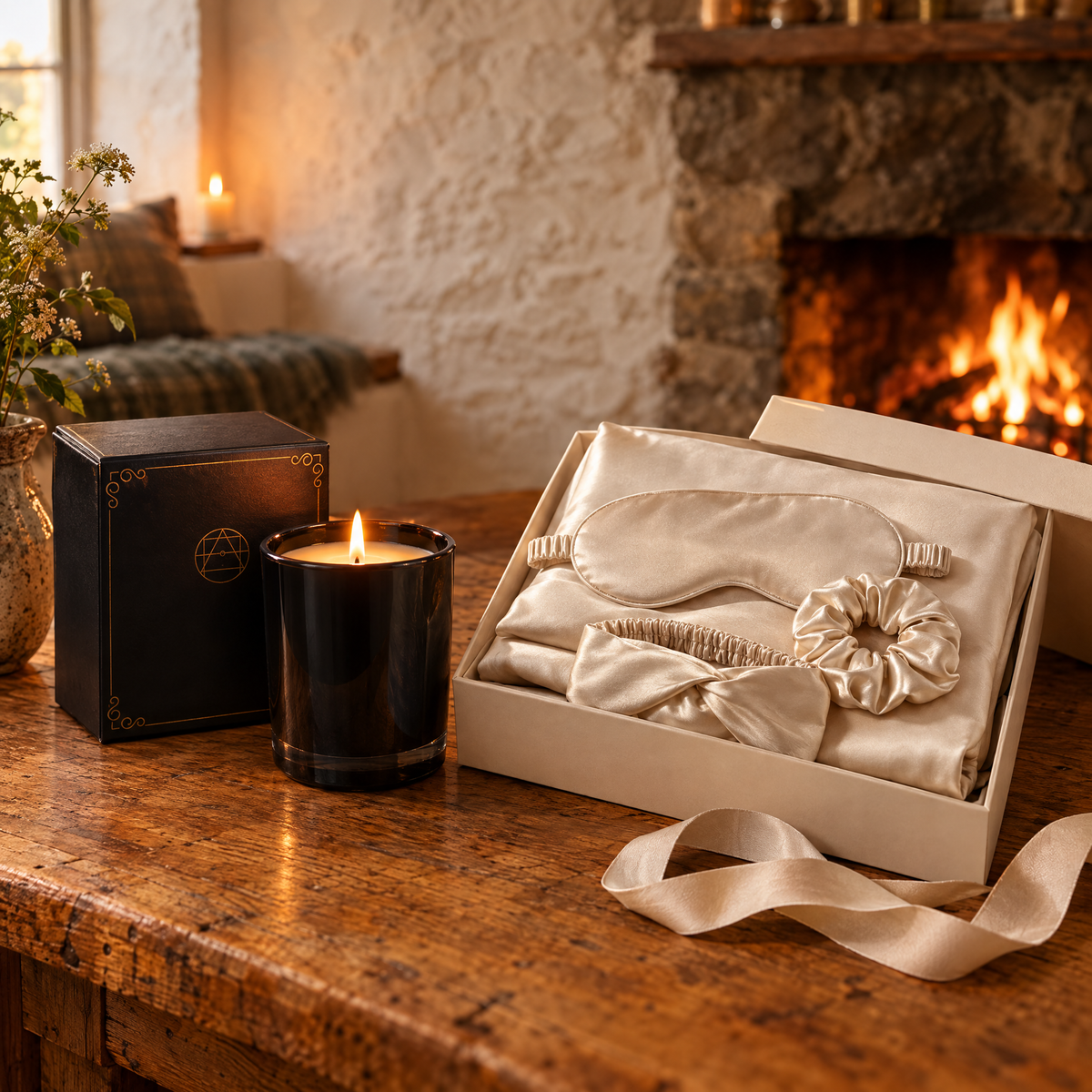 The Firelight Hour candle lit beside its gift box and the champagne Silk Sunday Reset Set in an open gift box on an oak table by the hearth
