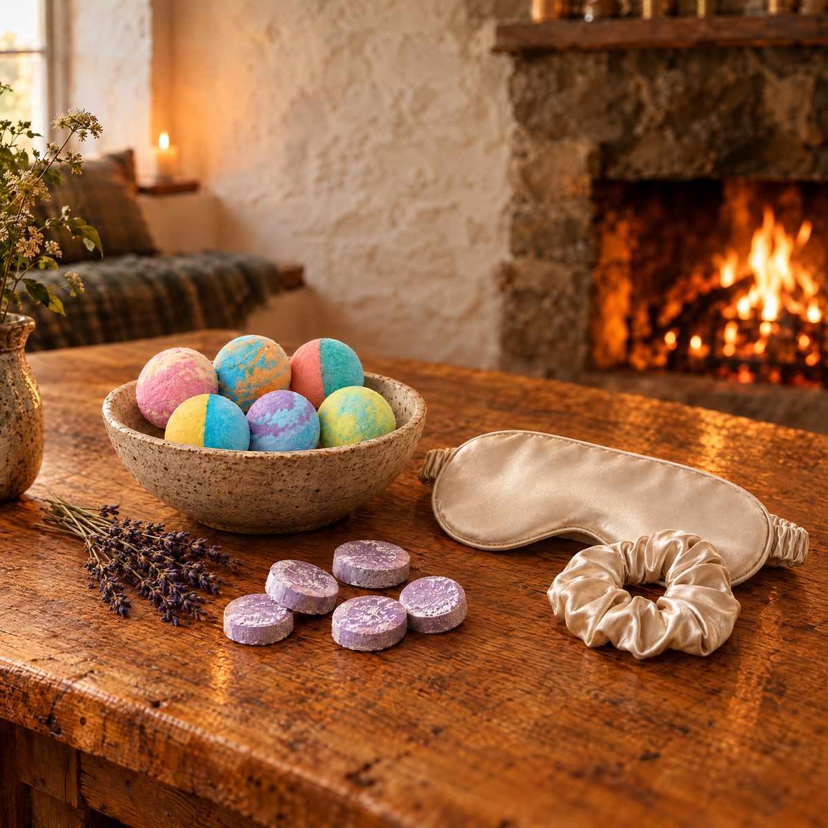 Pastel bath bombs in a stoneware bowl, lavender shower steamers, a champagne silk sleep mask and scrunchie on an oak table