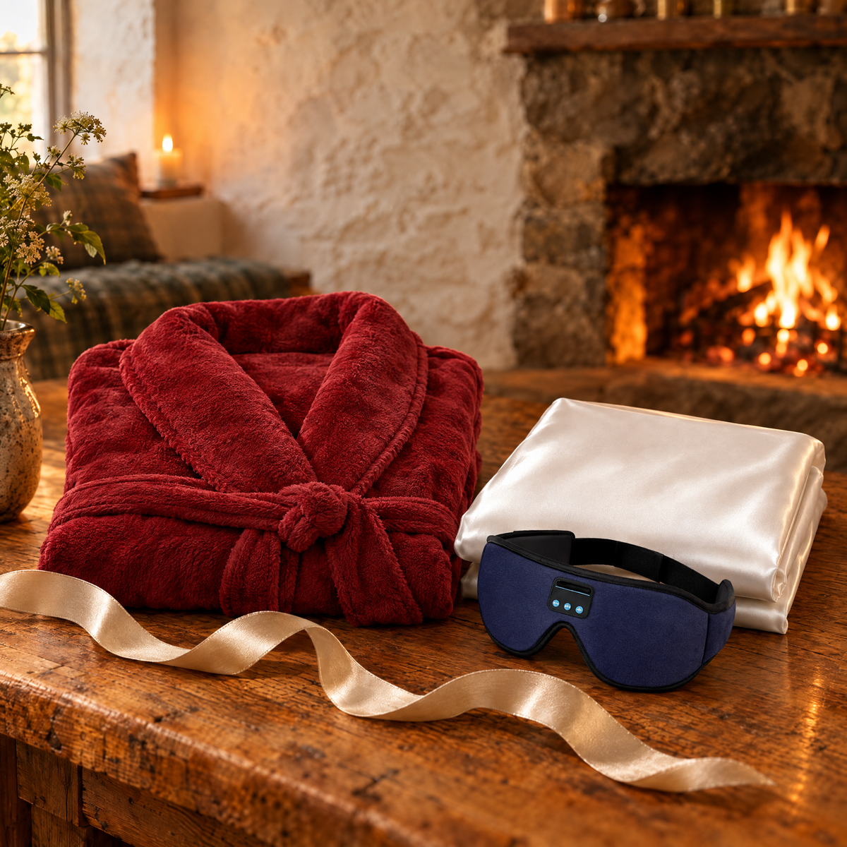 Folded wine-red plush robe, white mulberry silk pillowcase and navy Bluetooth sleep mask on an oak table by the hearth
