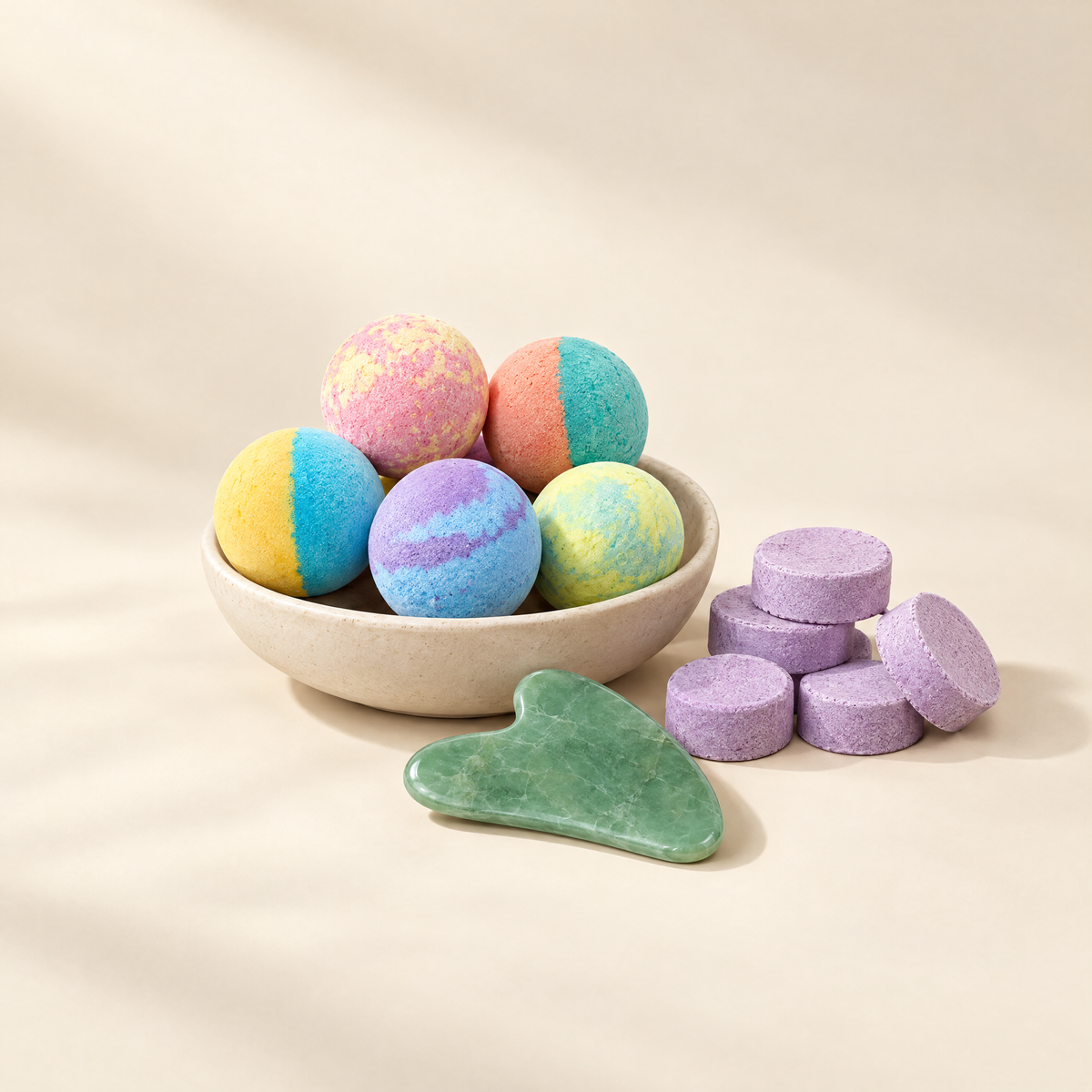 Pastel bath bombs in a stoneware dish with lavender shower steamers and a jade gua sha stone on a cream background