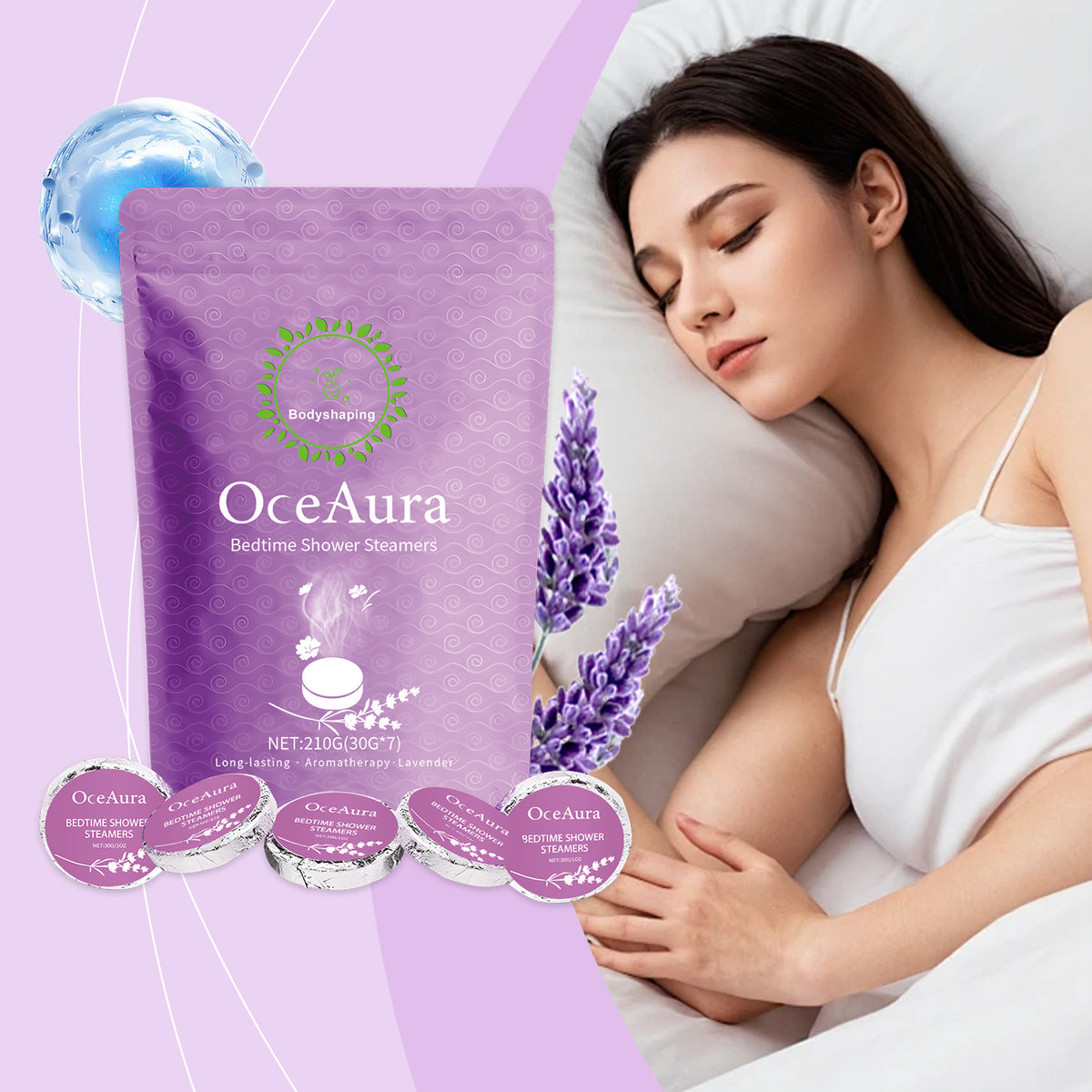 Lavender shower steamer tablet on a shower floor with steam rising