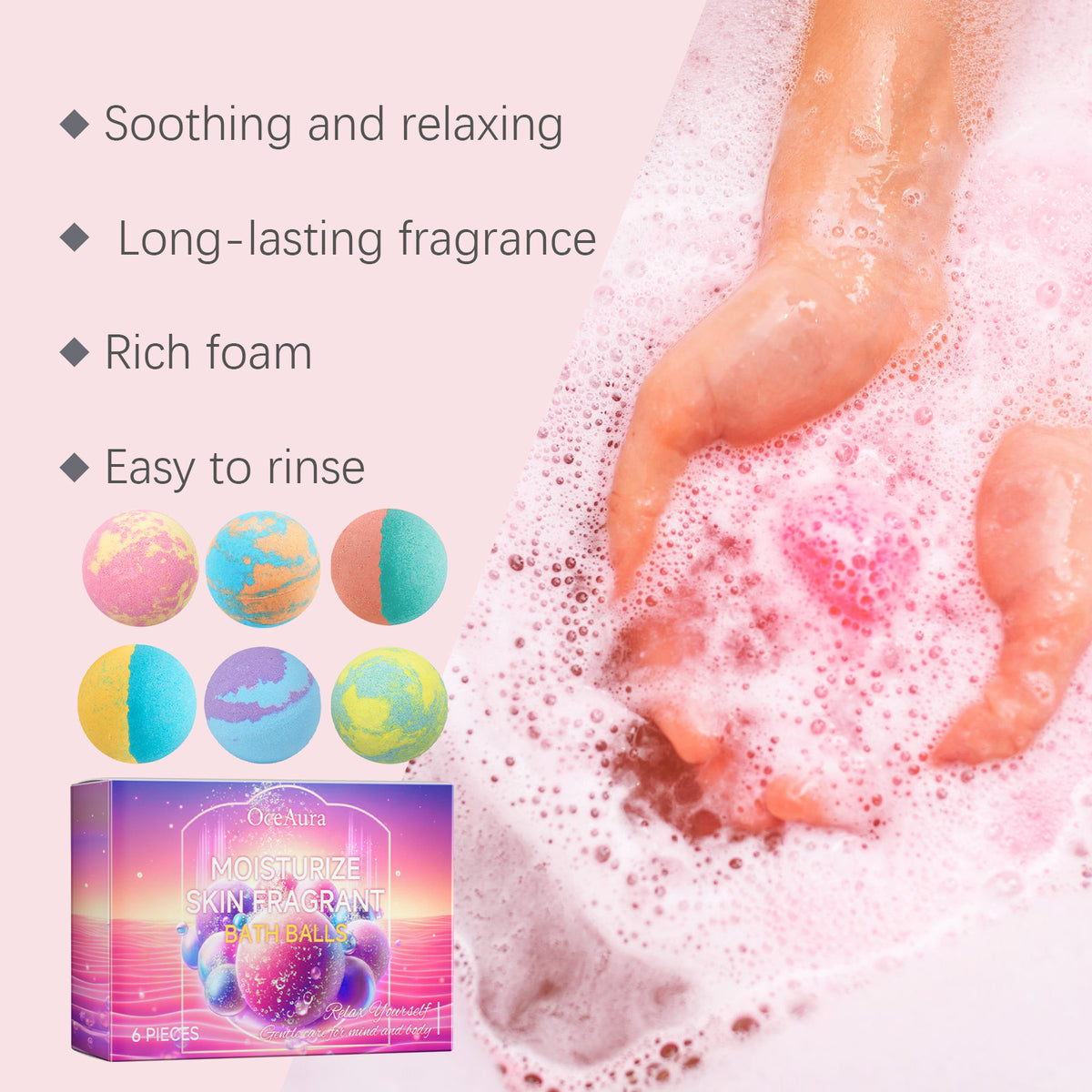 Six essential oil bath bombs lined up along the edge of a tub