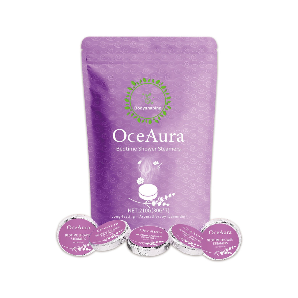 Lavender bedtime shower steamer tablets in their pouch