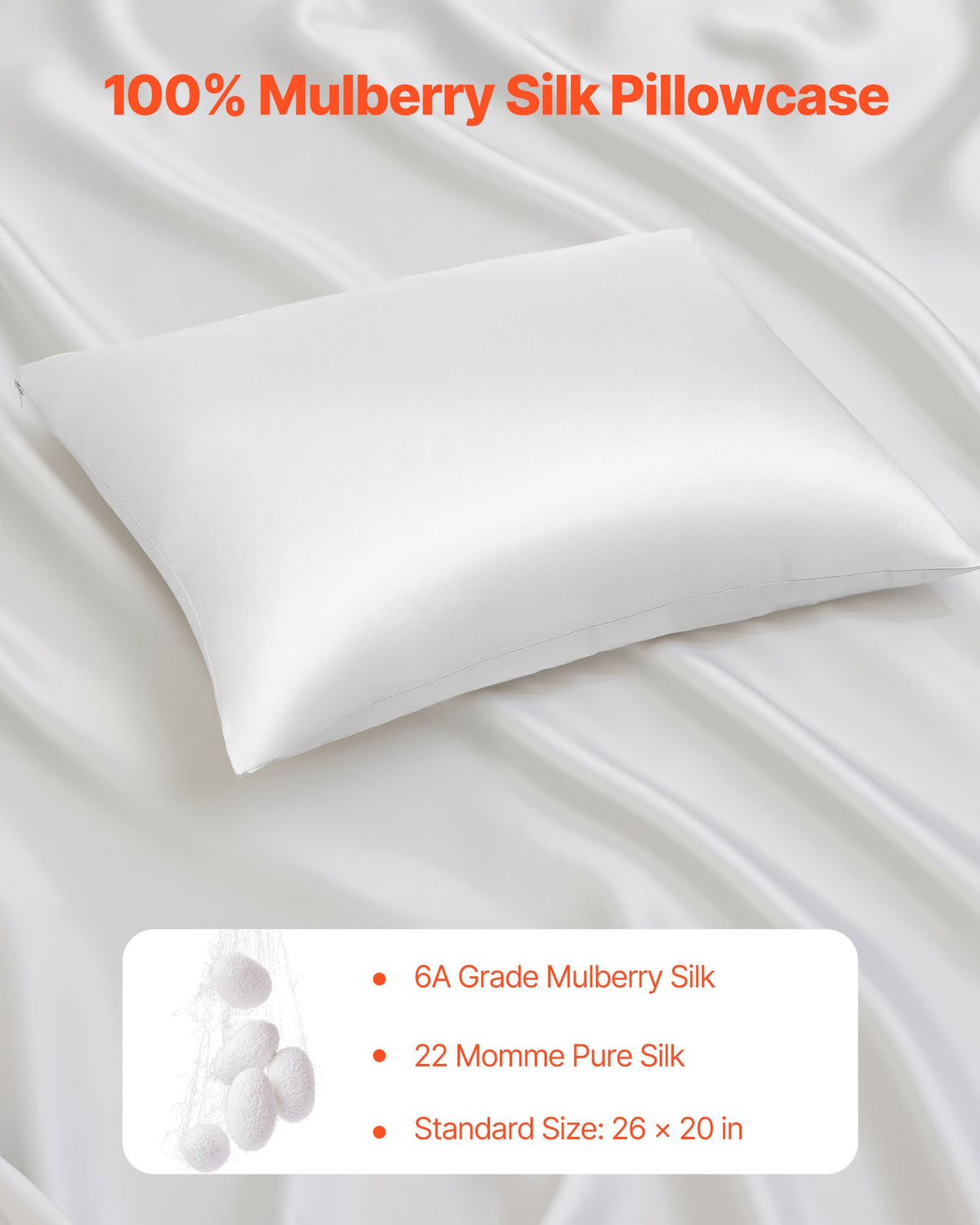 Pure mulberry silk pillowcase on a made bed, showing its smooth sheen