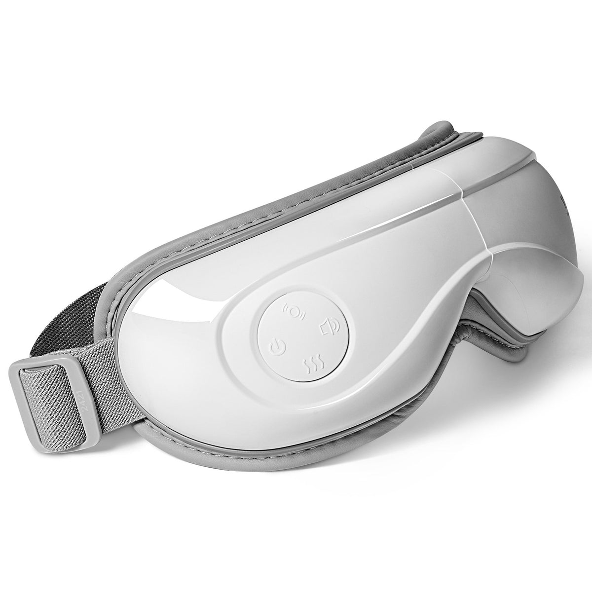 Heated eye massager worn while reclining, with gentle warmth and air massage