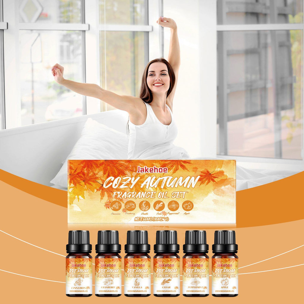 Autumn Hearth fragrance oil set shown with a bright bedroom scene