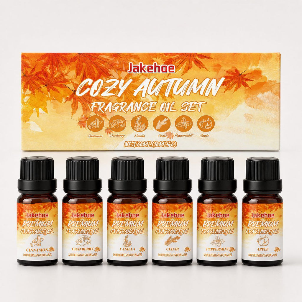 Autumn Hearth diffuser oil set: six amber bottles in front of an autumn-leaf box