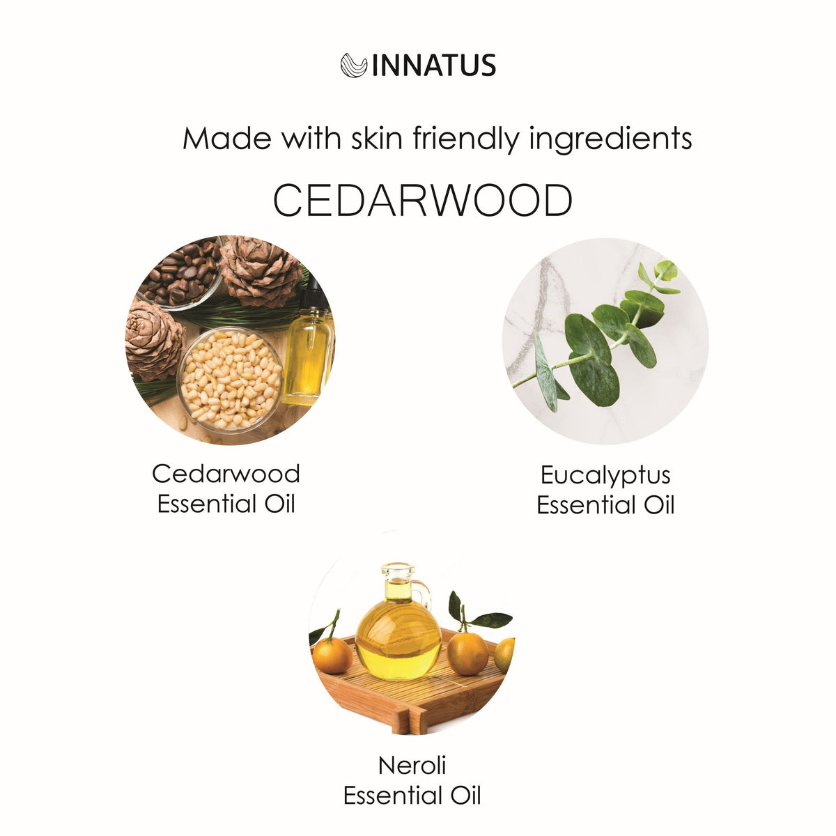 Cedarwood, eucalyptus and neroli essential oils used in the shower mist