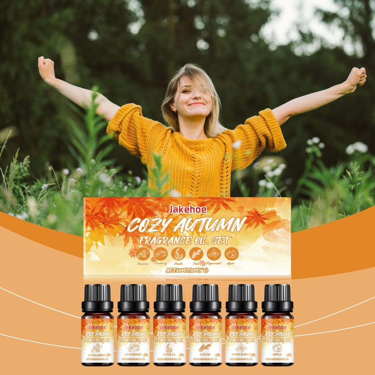 Autumn Hearth fragrance oil set shown with an autumn outdoor scene