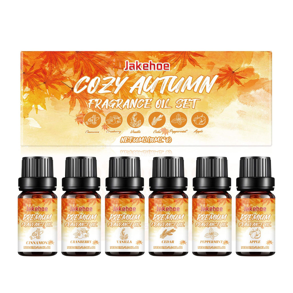 Six autumn fragrance oils: cinnamon, cranberry, vanilla, cedar, peppermint and apple