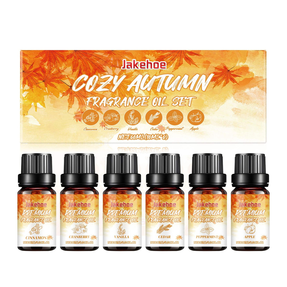 Six autumn fragrance oils: cinnamon, cranberry, vanilla, cedar, peppermint and apple
