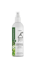 Cedarwood and eucalyptus shower mist in a white pump-spray bottle