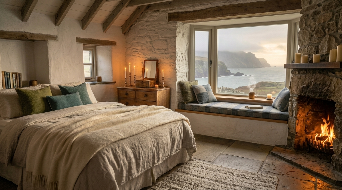 Stonewood Exchange - warm Irish bedroom with bay window over the Irish Sea, open stone hearth