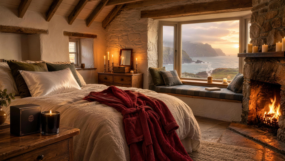 Warm stone cottage bedroom at dusk: a lit Firelight Hour soy candle and its gift box on the nightstand, a wine-red plush robe across the bed and a white mulberry silk pillowcase, with a window over the sea and a stone hearth