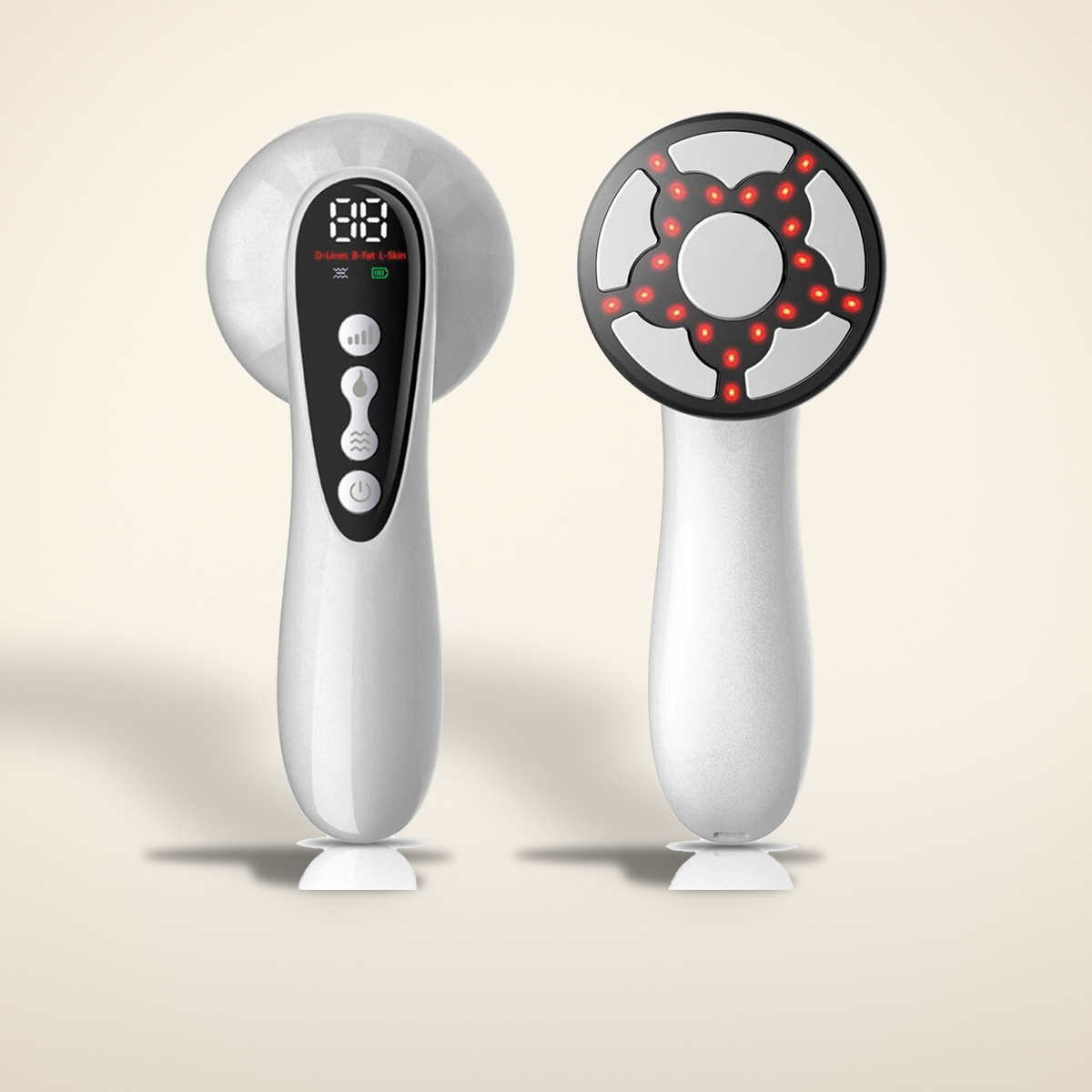 5-in-1 body sculpting massager shown from both sides on a warm candlelight cream background