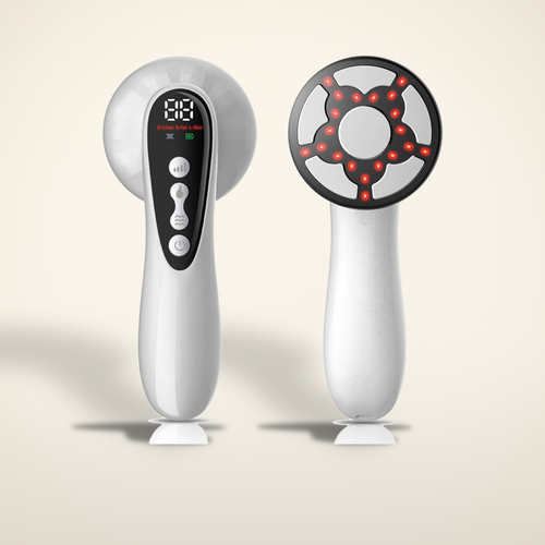 5-in-1 body sculpting massager shown from both sides on a warm candlelight cream background
