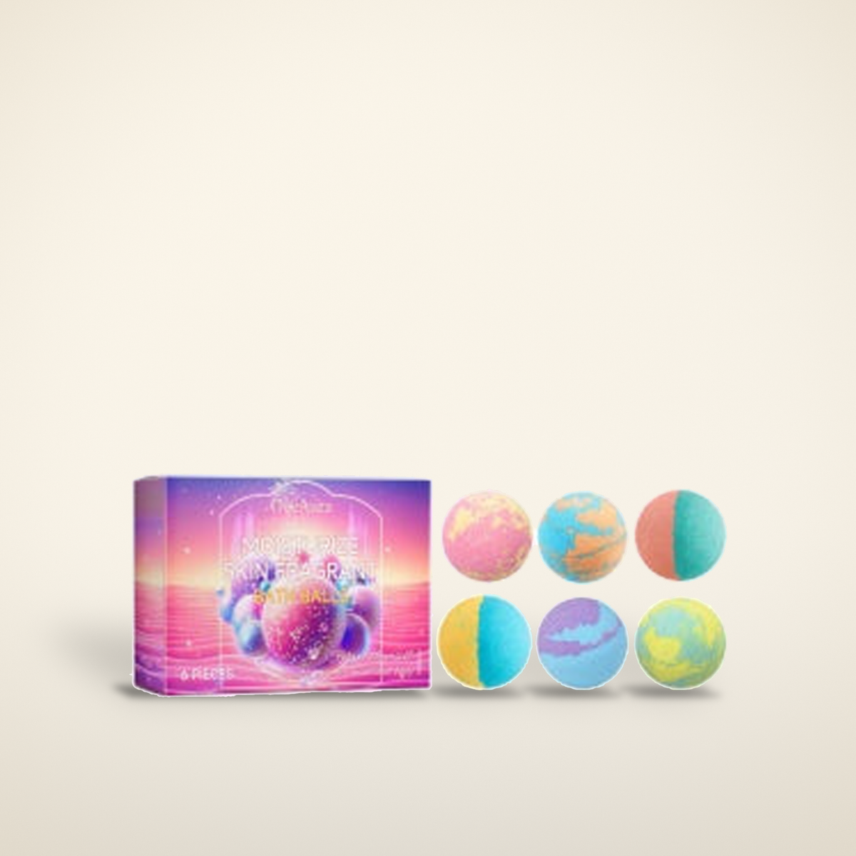 Essential oil bath bomb gift box with six coloured bath bombs on a warm candlelight cream background