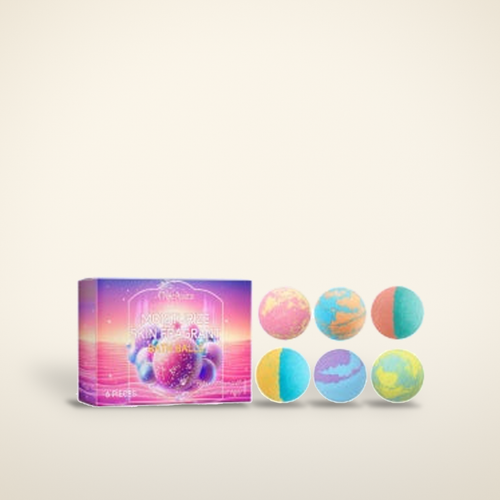 Essential oil bath bomb gift box with six coloured bath bombs on a warm candlelight cream background