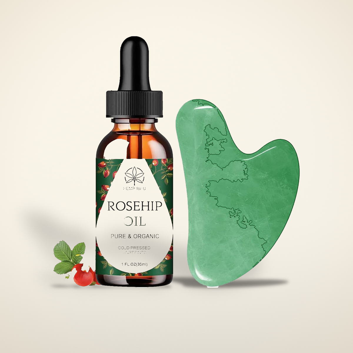 Rosehip oil bottle beside a green jade gua sha stone on a warm candlelight cream background