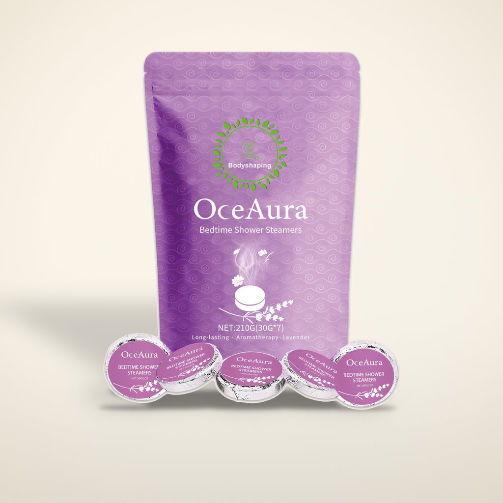 Lavender bedtime shower steamers pouch with steamers on a warm candlelight cream background