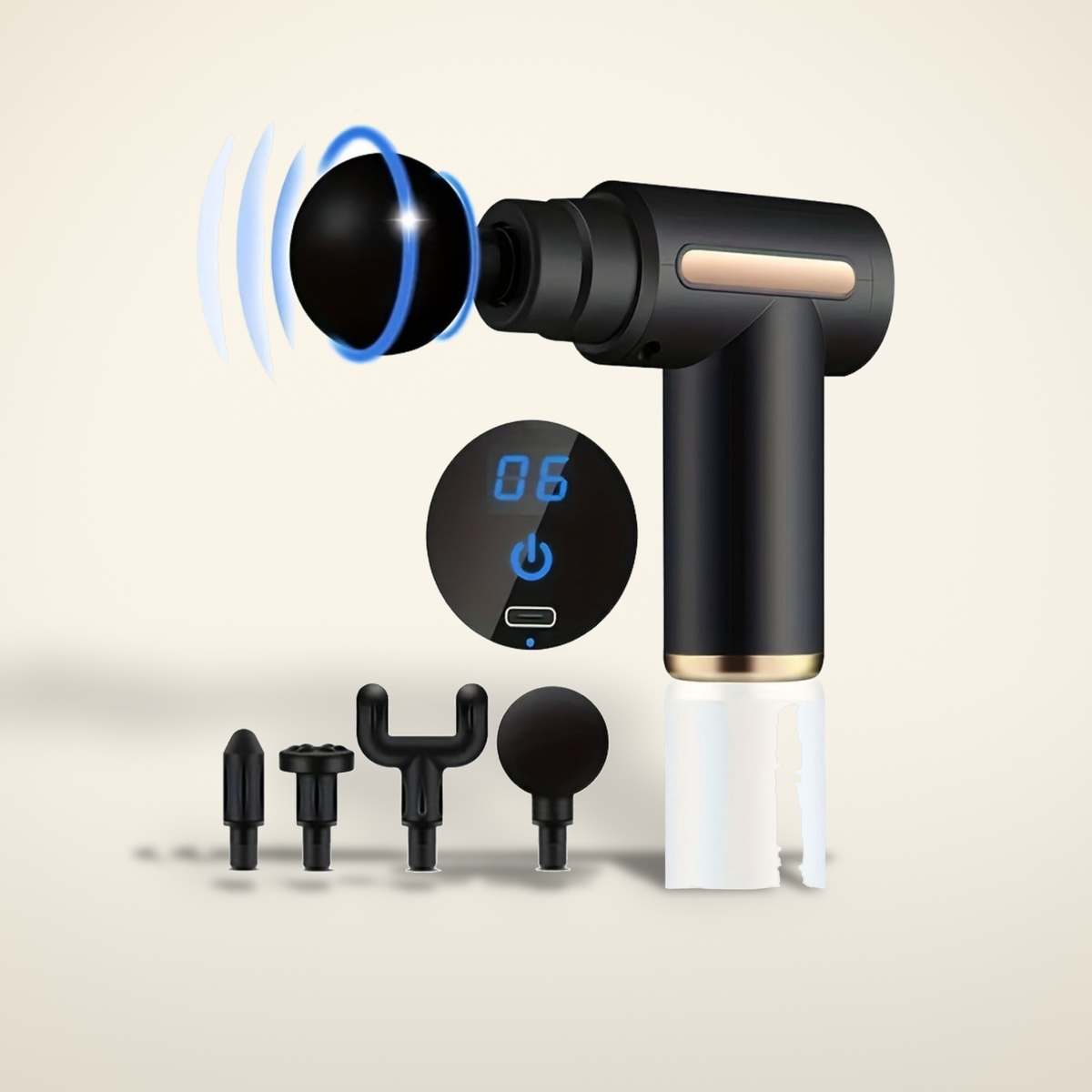 Mini fascia massage gun with attachment heads on a warm candlelight cream background
