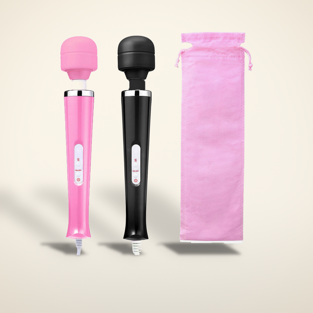 The Deep Calm Wand shown in pink and black with its storage pouch on a warm candlelight cream background