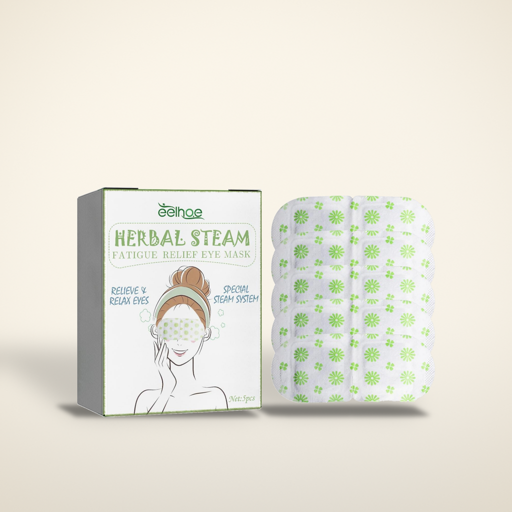 Warming steam eye masks five pack box on a warm candlelight cream background