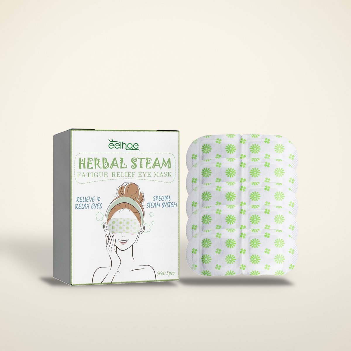 Warming steam eye masks five pack box on a warm candlelight cream background